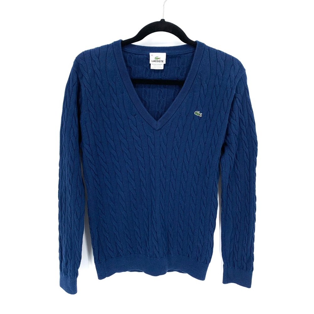 Lacoste Vintage Navy Blue V-Neck Cable Knit Sweater Size Medium